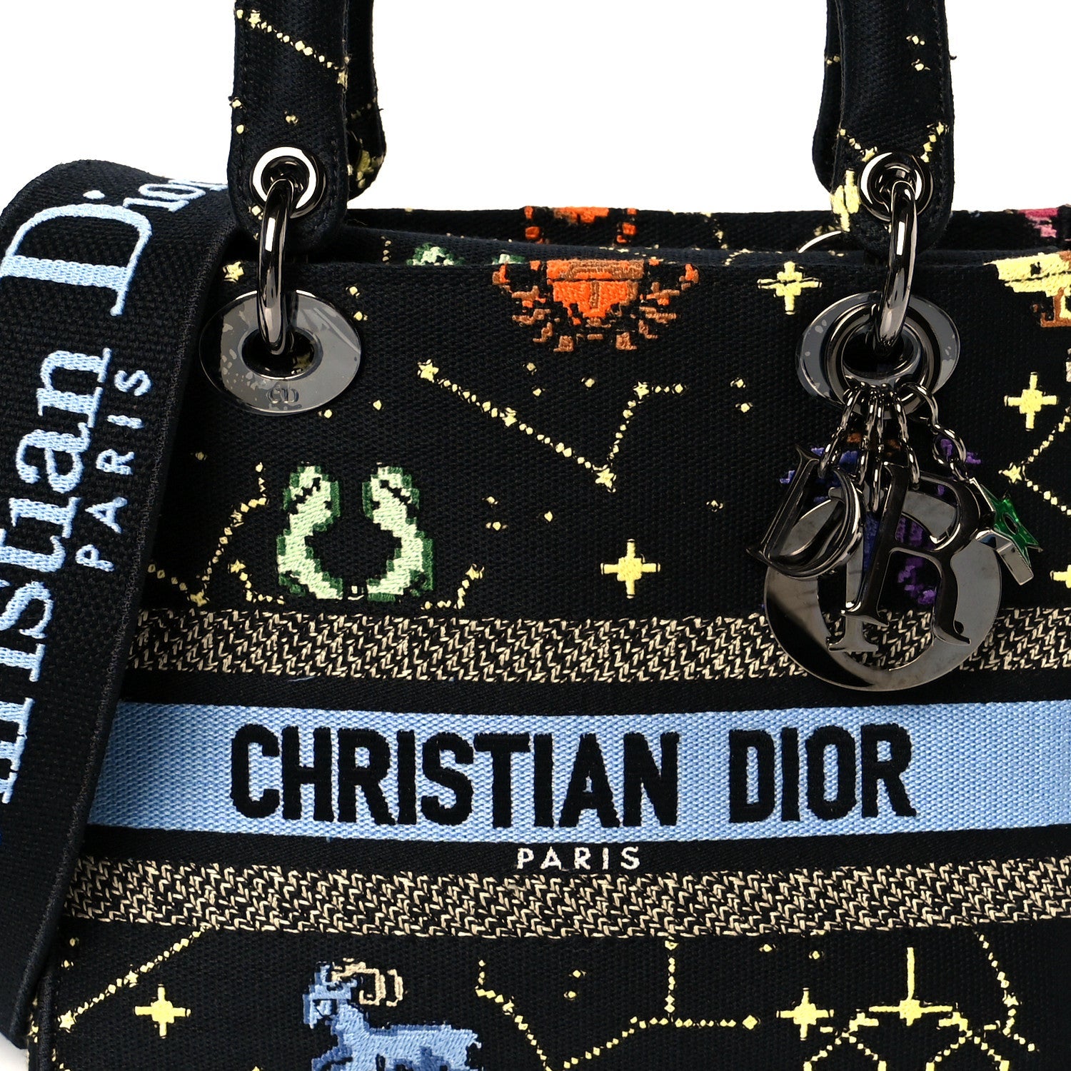 Christian Dior Canvas Pixel Zodiac Embroidered Medium Lady D-Lite Nero Multicolor
