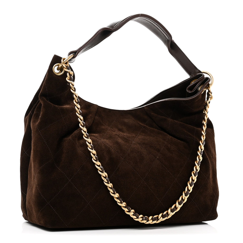 Chanel Suede Calfskin Lambskin Quilted Maxi Hobo Dark Brown