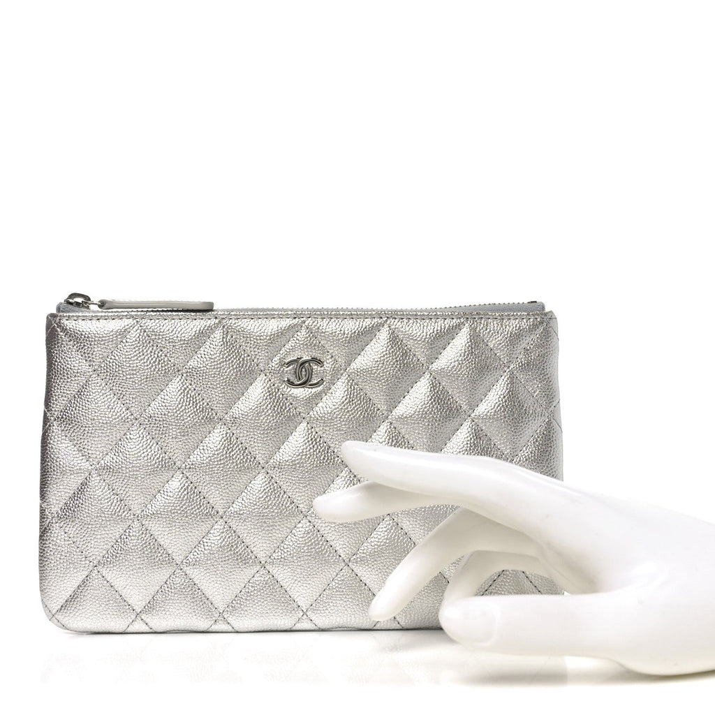 Metallic Caviar Quilted Small Zipped Pouch Silvery