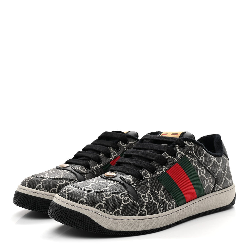 Gucci GG Supreme Monogram Miro Soft Calfskin Web Mens Screener Sneakers 8.5 Black Grey Sky