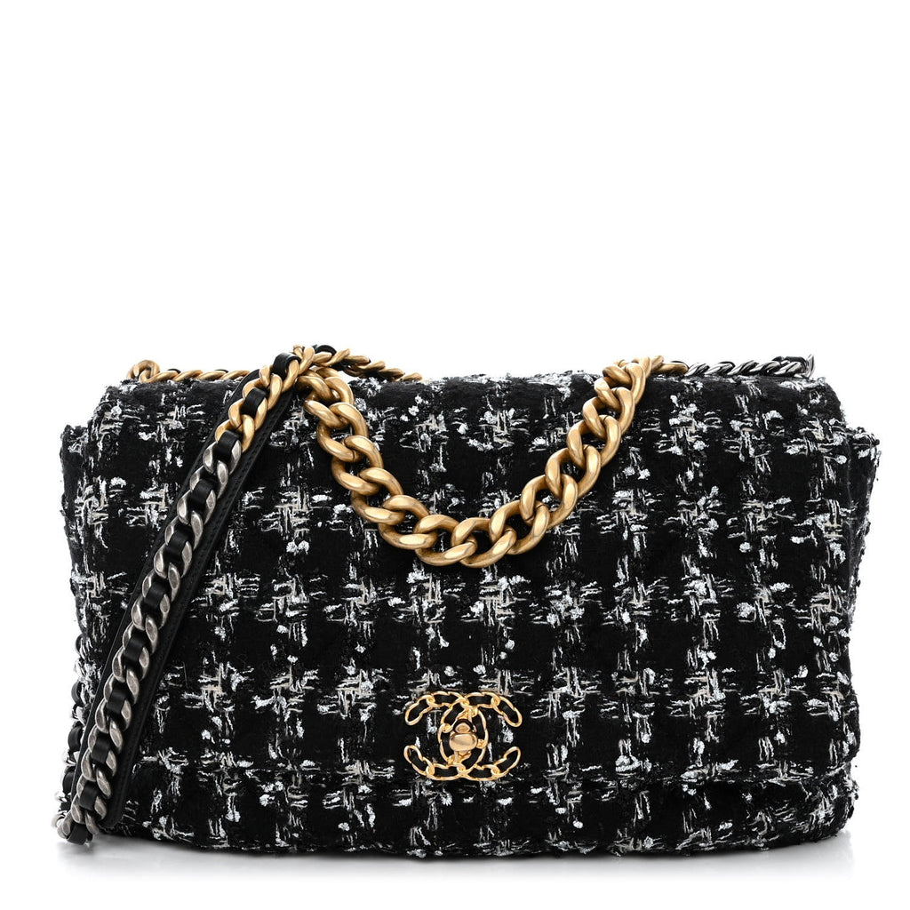 Chanel Tweed Quilted Maxi Chanel 19 Flap Black Silver Ecru