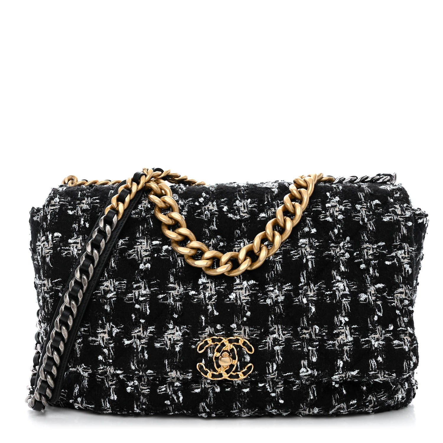 Chanel Tweed Quilted Maxi Chanel 19 Flap Black Silver Ecru
