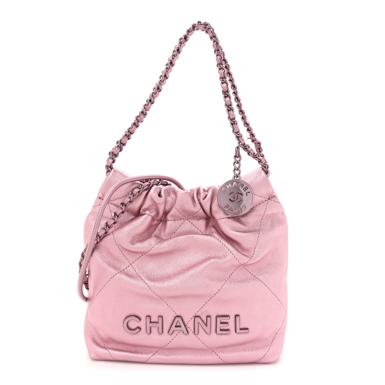 Chanel Metallic Lambskin Lacquered Monochrome Quilted Mini Chanel 22 Pink