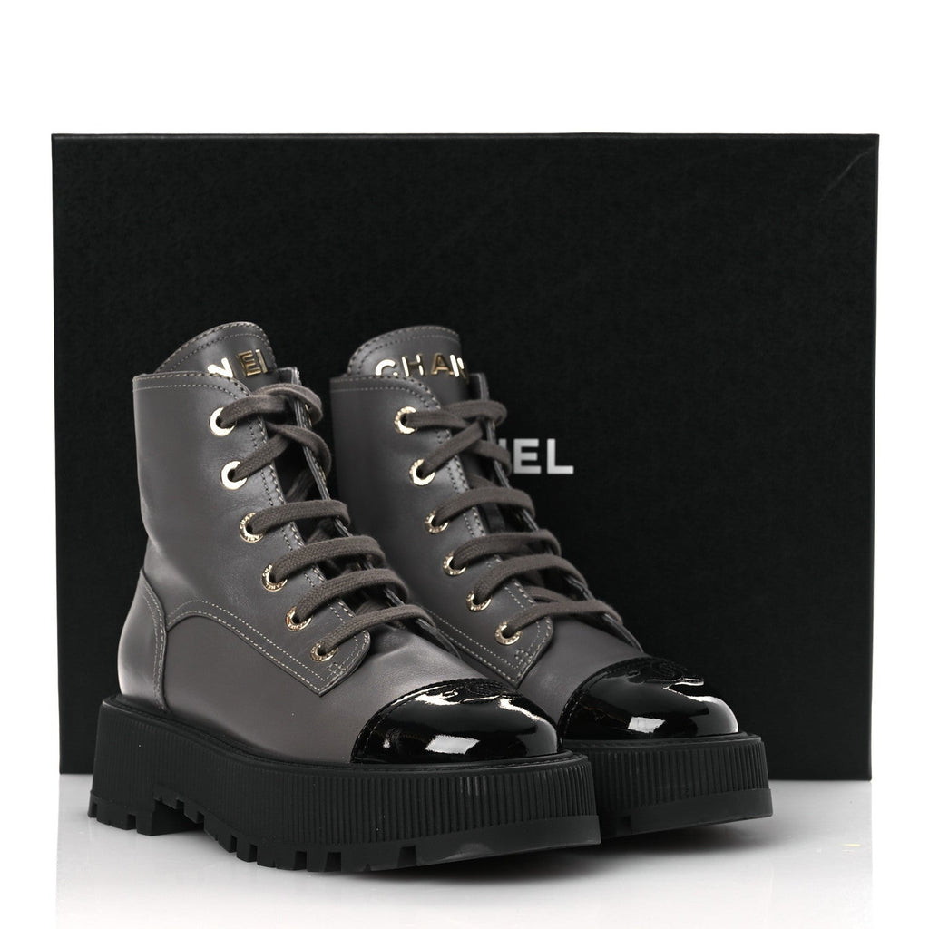 Calfskin Patent Calfskin CC Lace Up Combat Boots 36.5 Gray Black