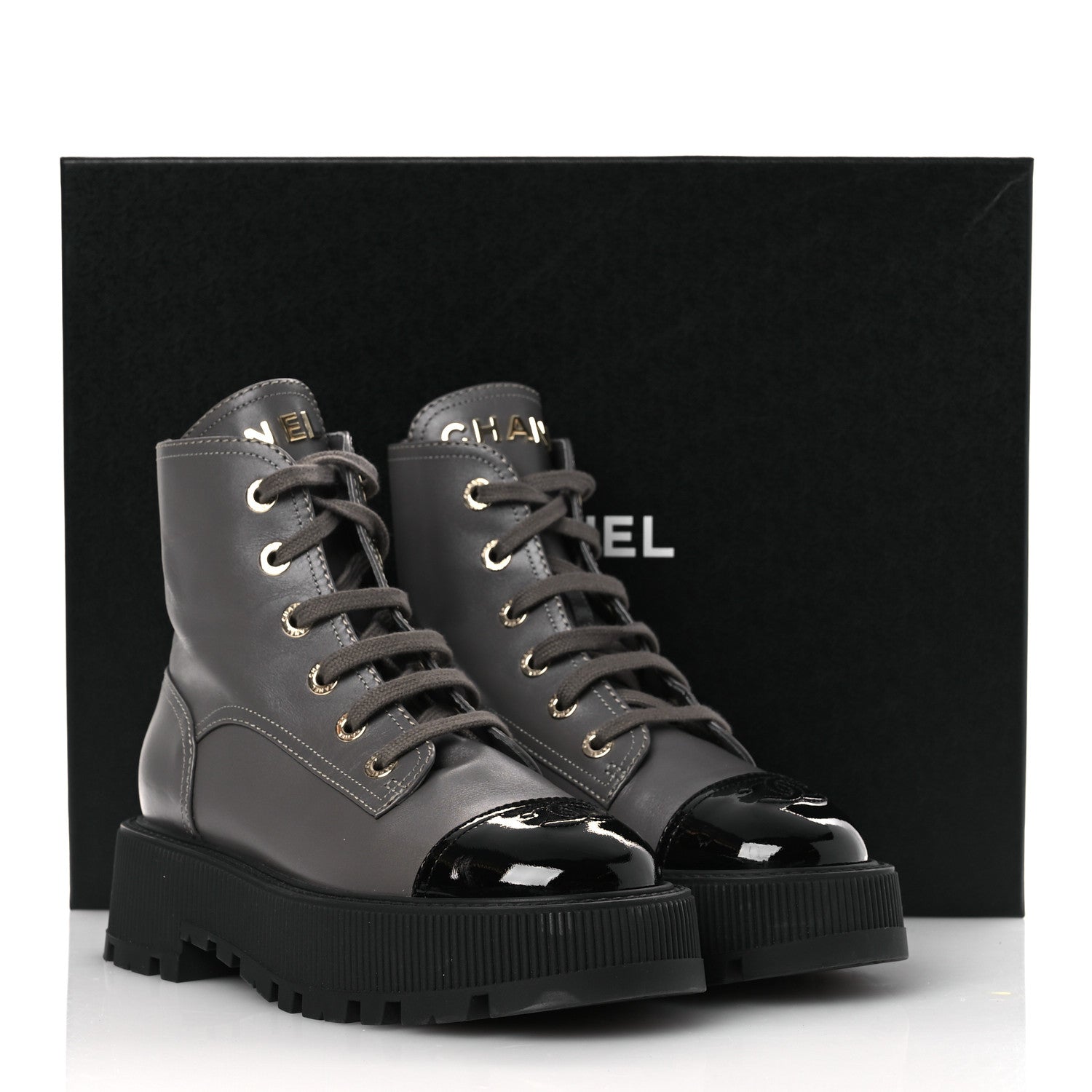 Calfskin Patent Calfskin CC Lace Up Combat Boots 36.5 Gray Black