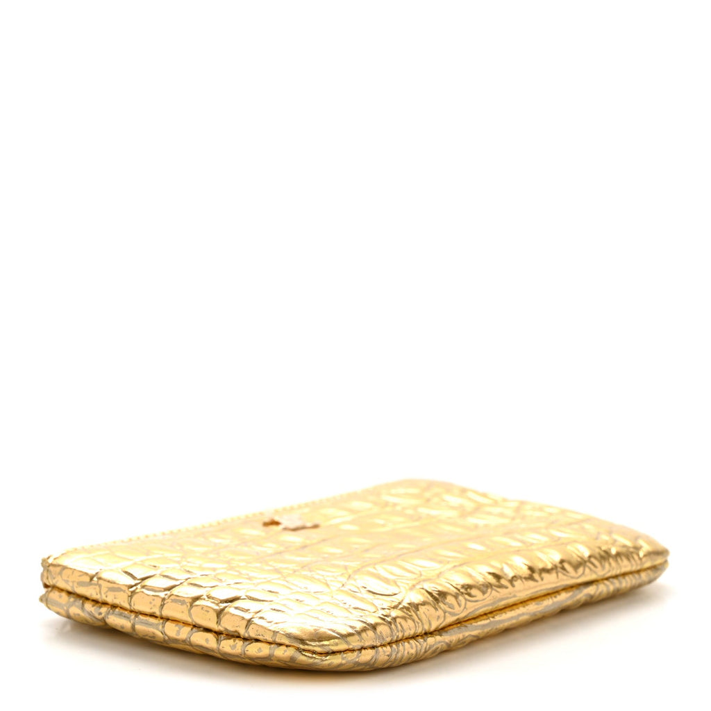 Metallic Calfskin Crocodile Embossed Cocodile Small Cosmetic Case Gold