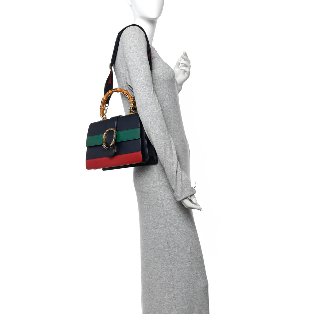 Gucci Moon Calfskin Web Medium Dionysus Bamboo Top Handle Bag Blue Emerald Hibiscus Red