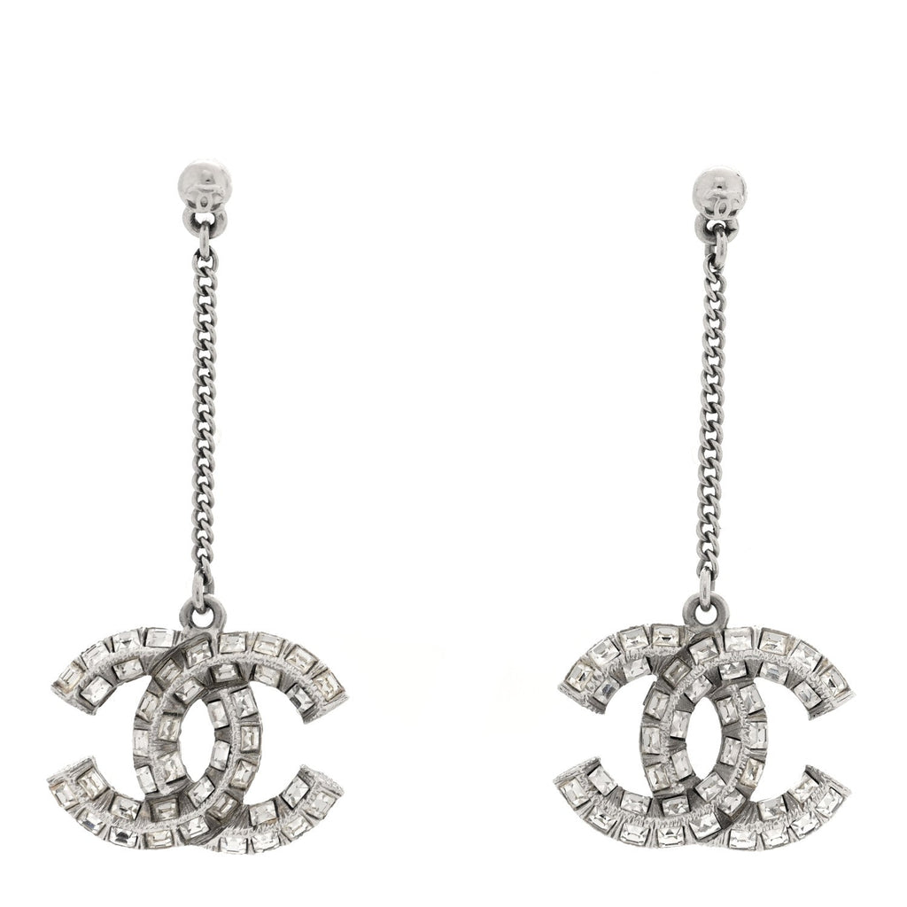 Baguette Crystal CC Drop Earrings Silver