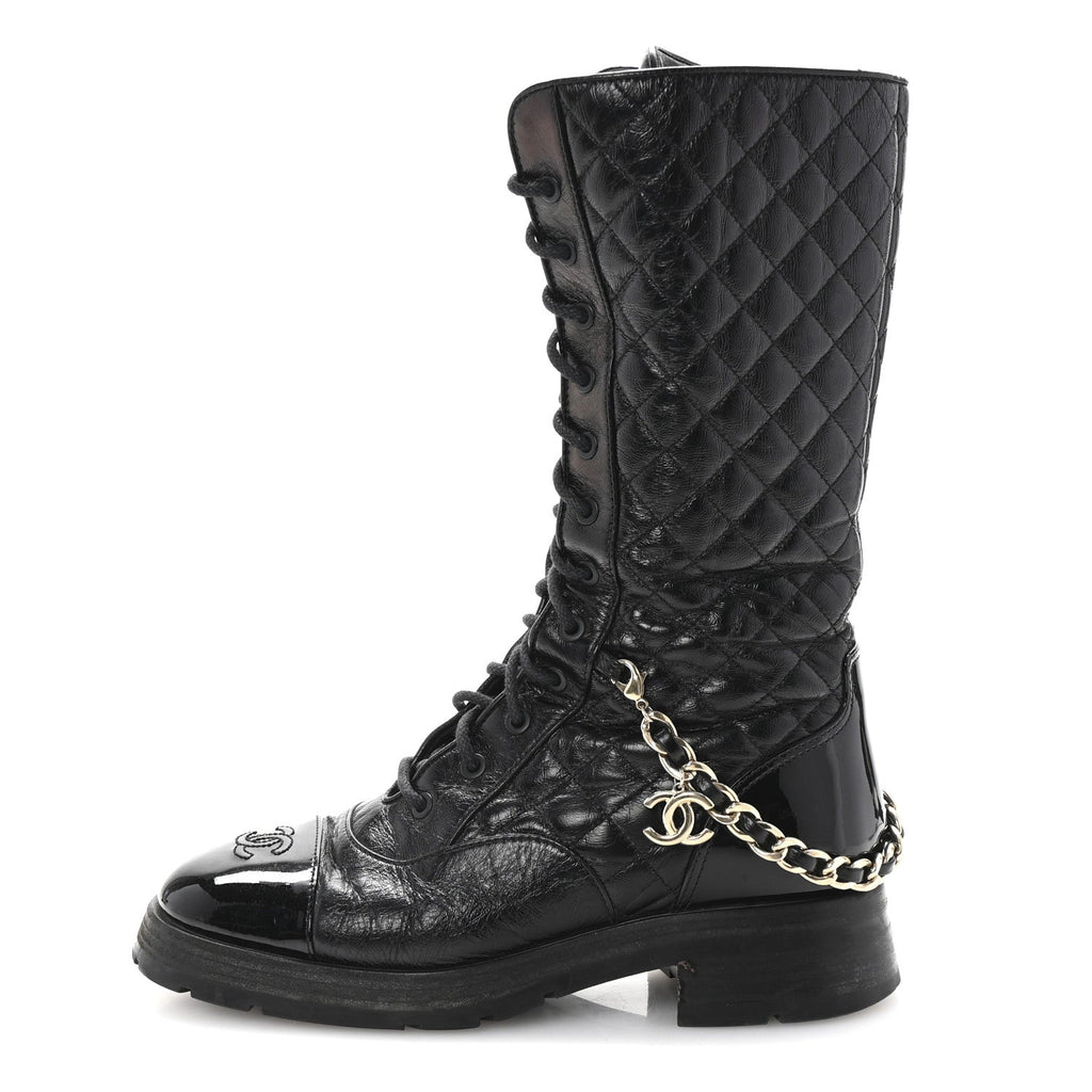 Chanel Shiny Calfskin Patent Quilted Chain Lace Up Combat Long Boots 38.5 Black