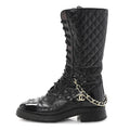 Chanel Shiny Calfskin Patent Quilted Chain Lace Up Combat Long Boots 38.5 Black