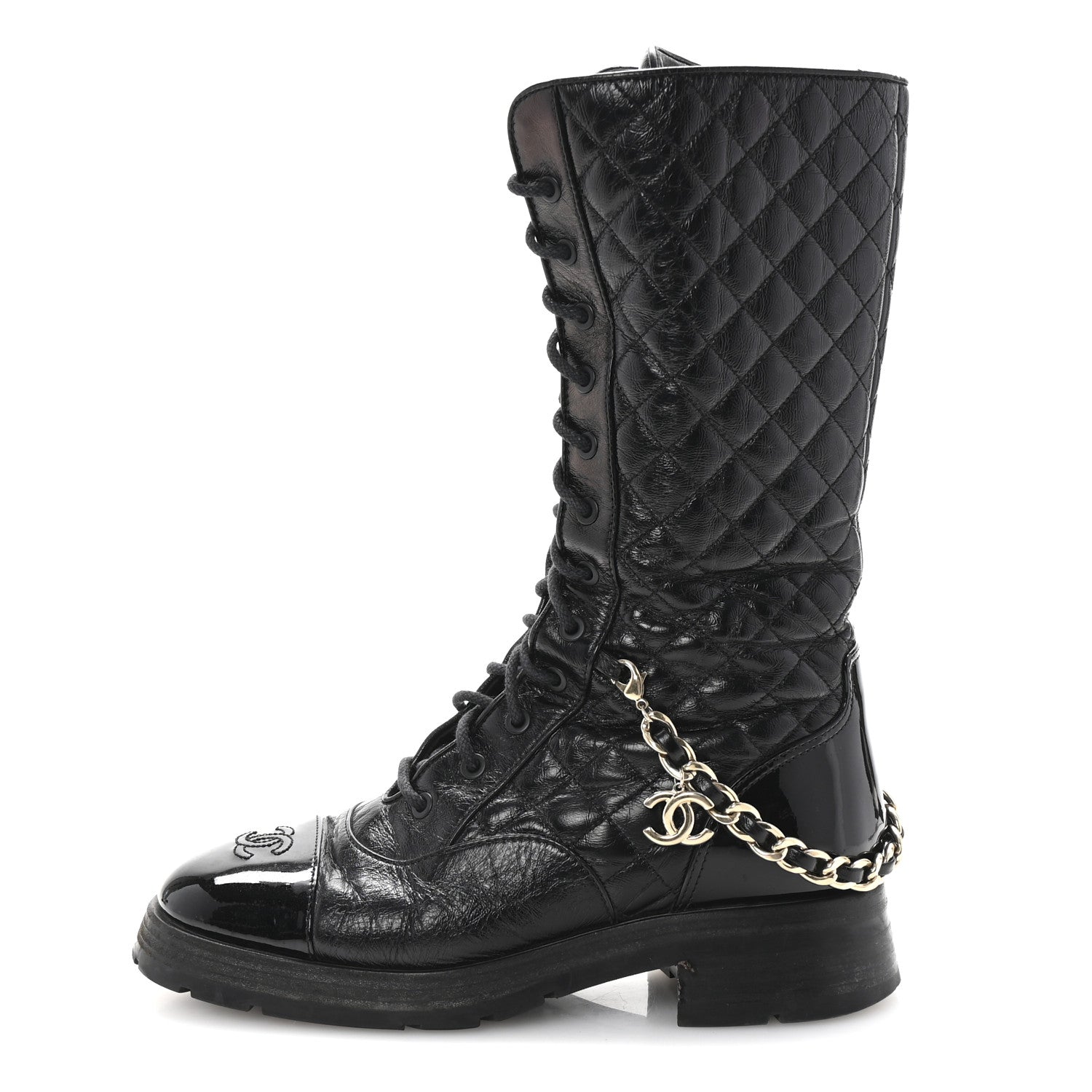 Chanel Shiny Calfskin Patent Quilted Chain Lace Up Combat Long Boots 38.5 Black