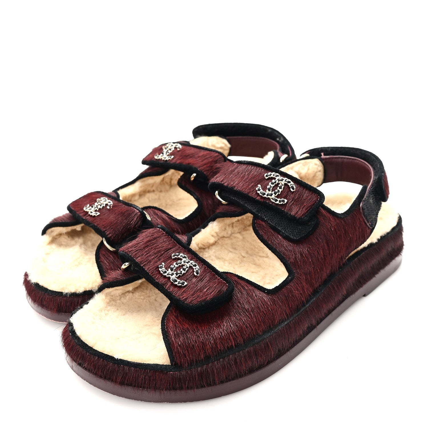 Calf Hair Suede Shearling Dad Sandals 37.5 Burgundy Black