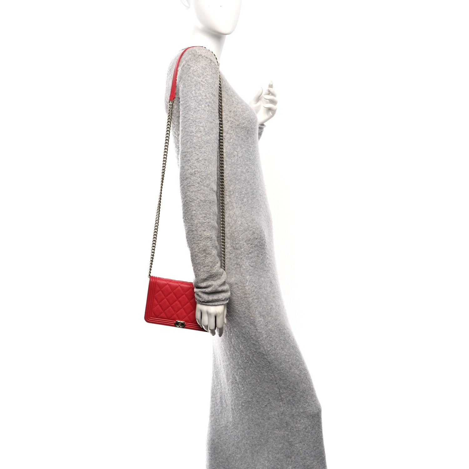Chanel Caviar Quilted Boy Wallet On Chain WOC Red