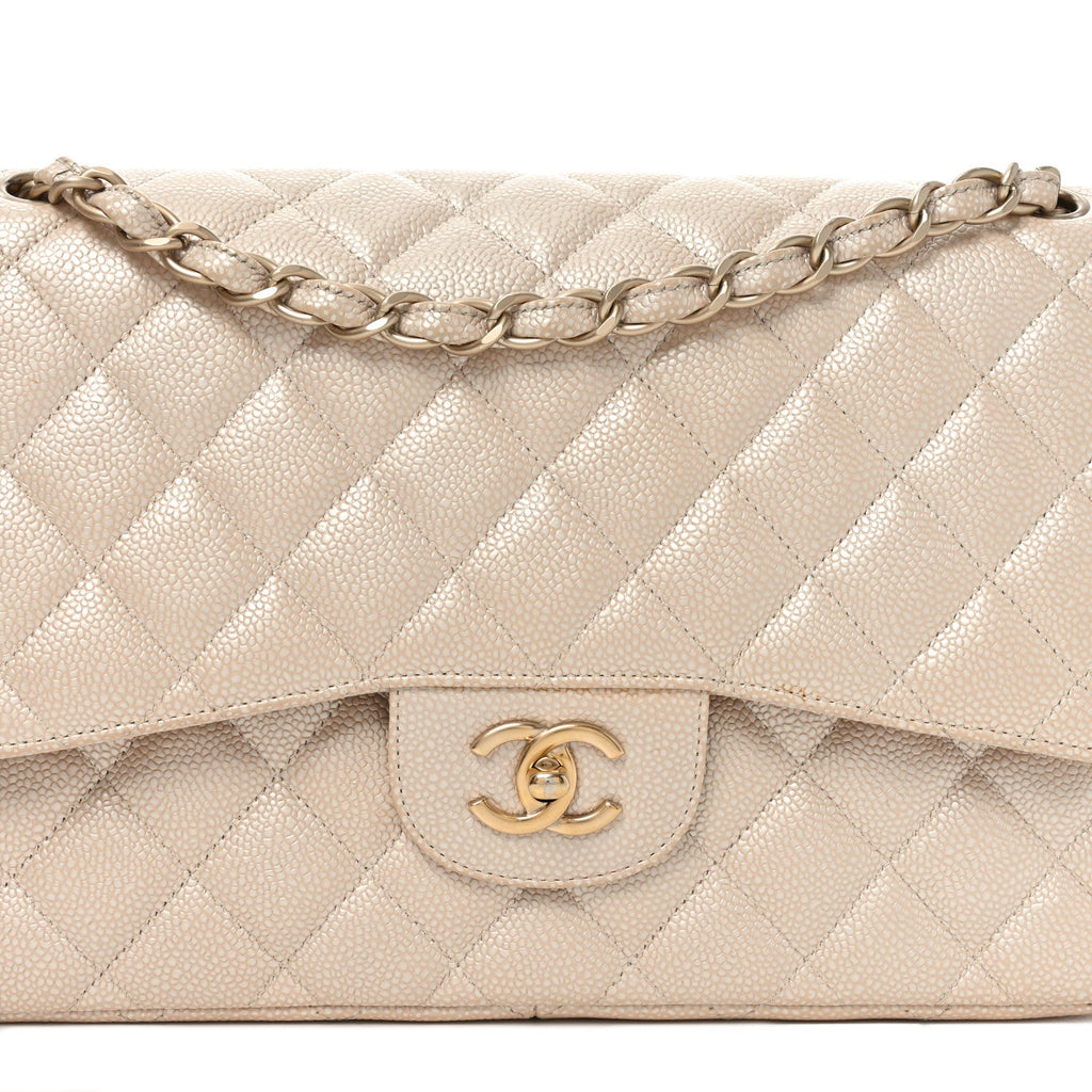Chanel Iridescent Caviar Quilted Jumbo Double Flap Beige