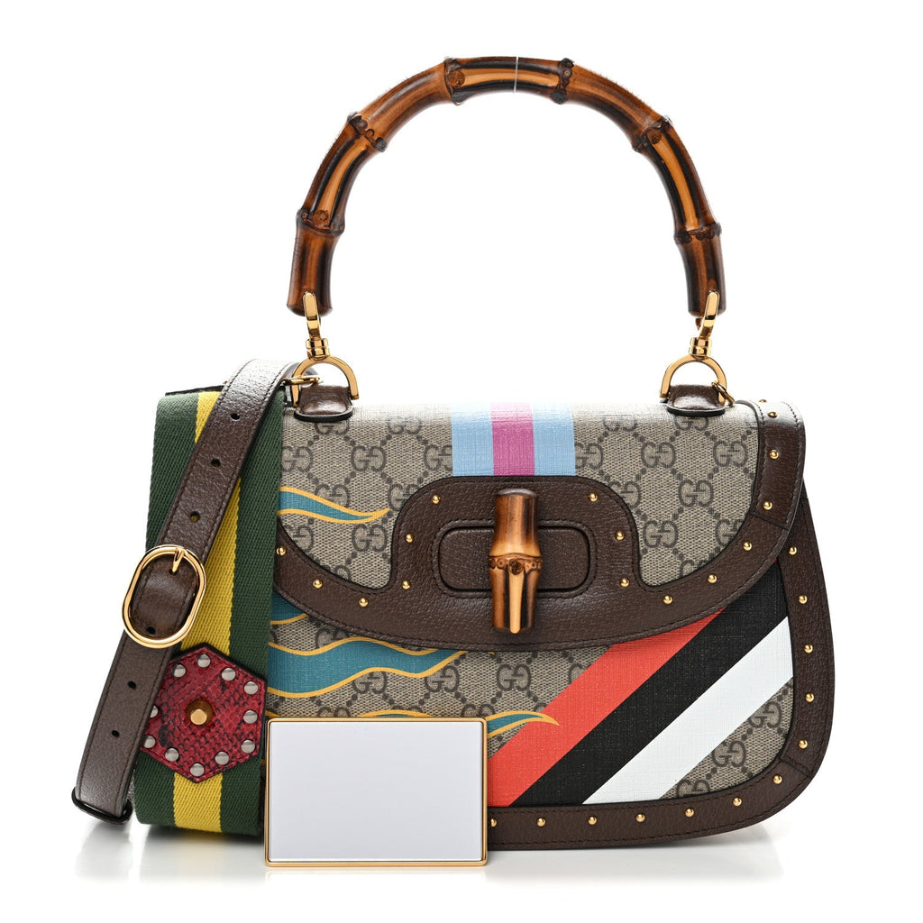 Gucci GG Supreme Monogram Studded Calfskin Centum Medium Bamboo 1947 Top Handle Bag Beige Ebony Multicolor