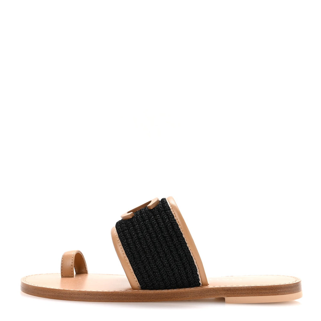 Raffia Lambskin CC Mules 37 Black Beige
