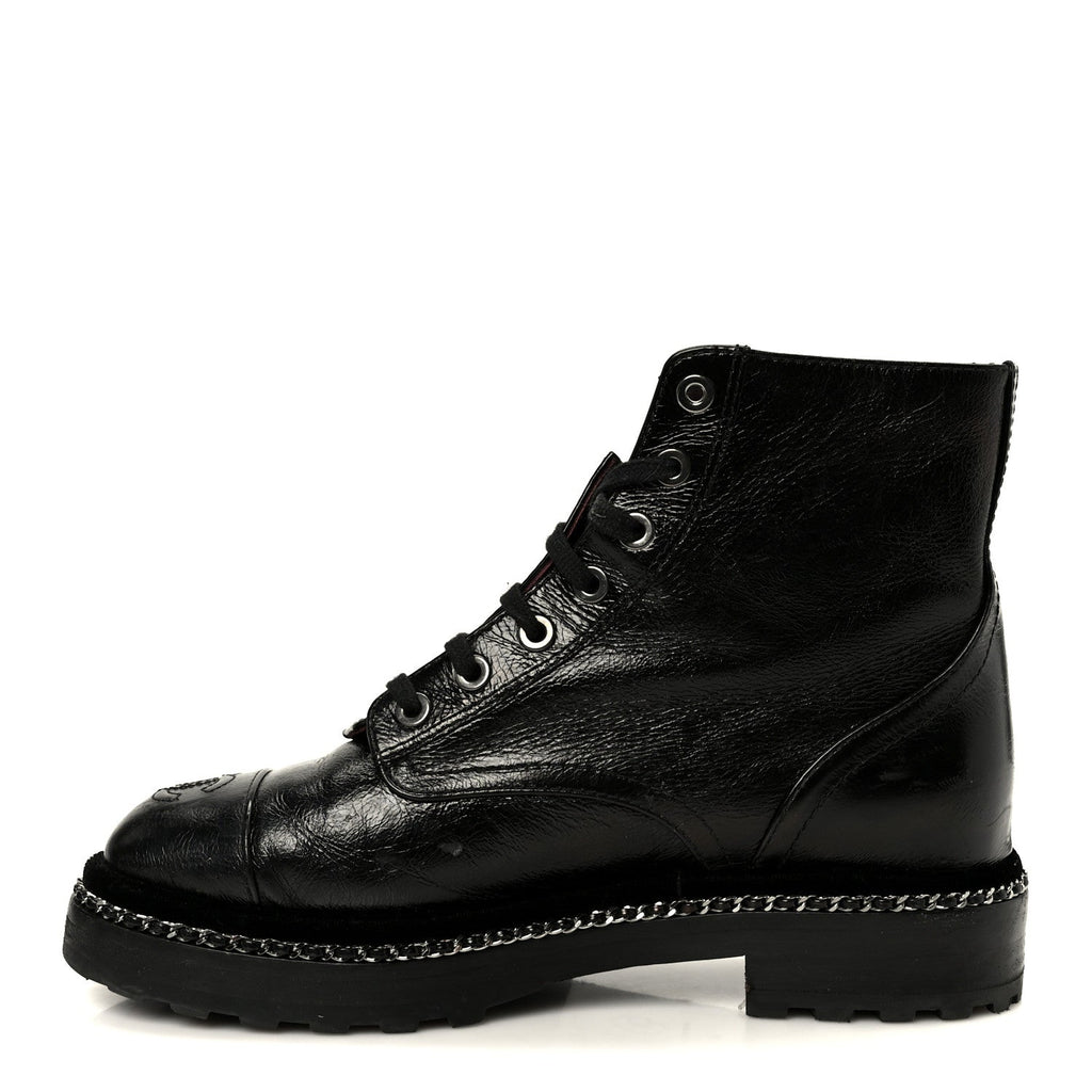 Crackled Calfskin Velvet Pearl Combat Short Boots 36 Black