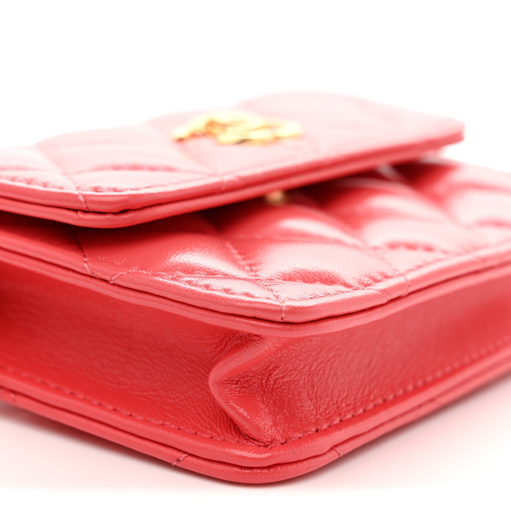 Chanel Shiny Lambskin Quilted Card Holder On Chain Pink