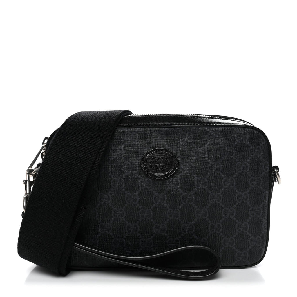 Gucci GG Supreme Monogram Azalea Calfskin Retro Interlocking G Wristlet Shoulder Bag Black