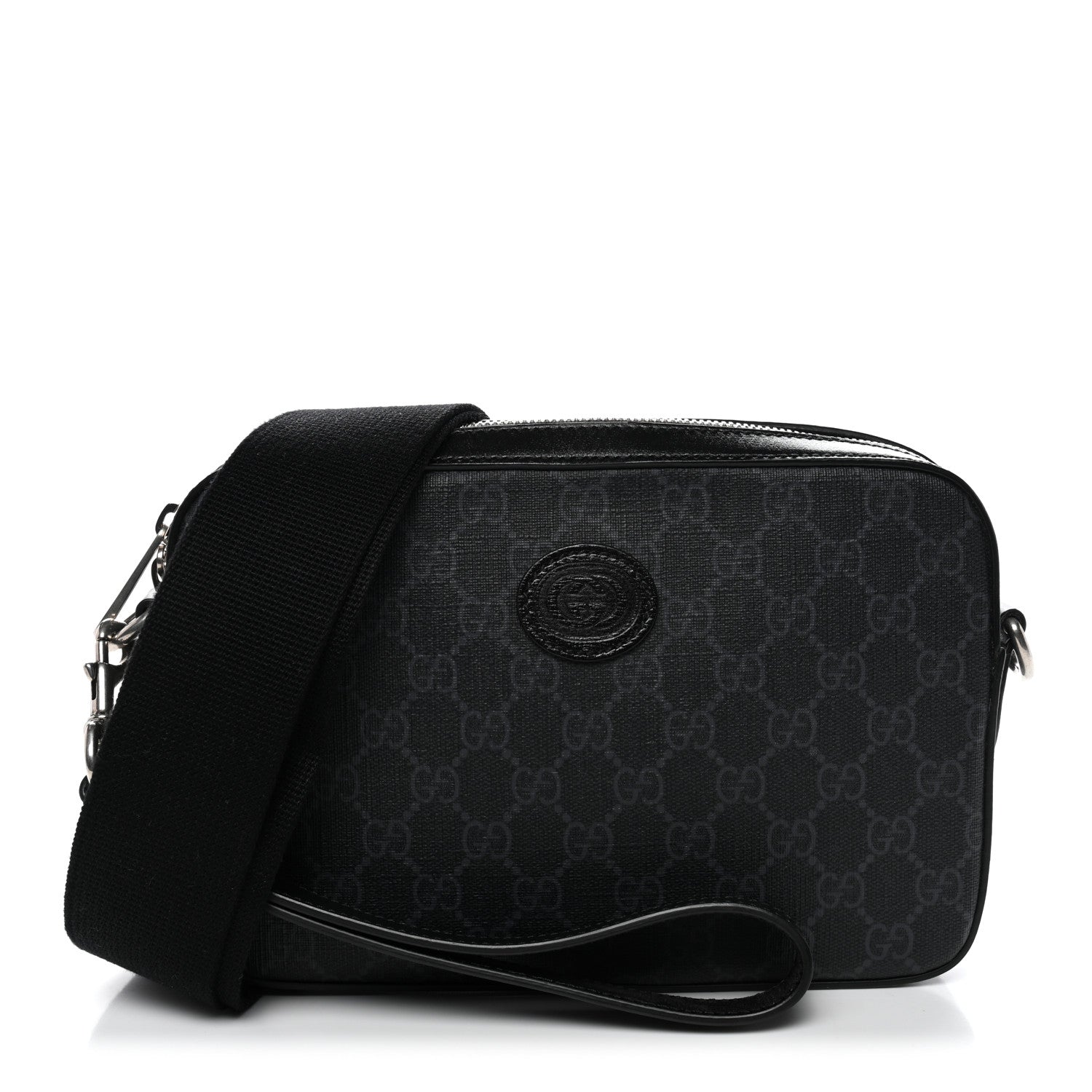 Gucci GG Supreme Monogram Azalea Calfskin Retro Interlocking G Wristlet Shoulder Bag Black