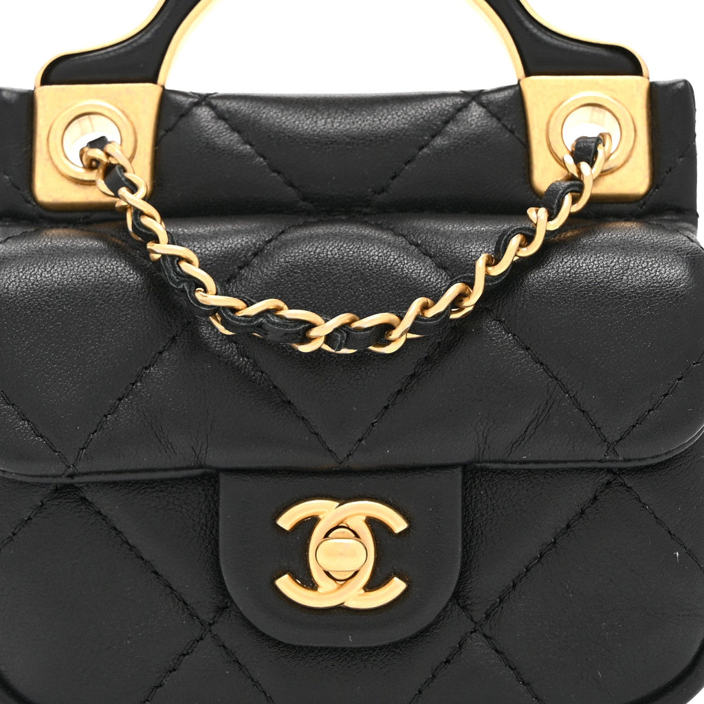 Chanel Calfskin Quilted Lady Handle Flap Card Holder With Chain Black