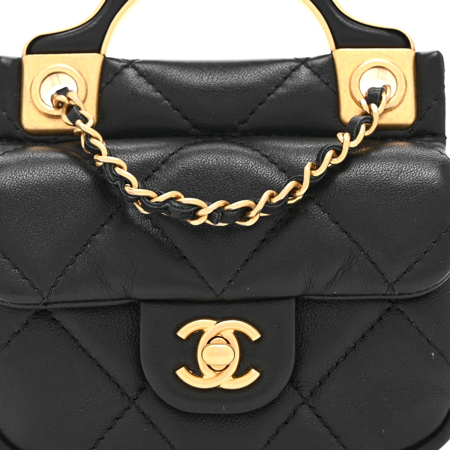 Chanel Calfskin Quilted Lady Handle Flap Card Holder With Chain Black