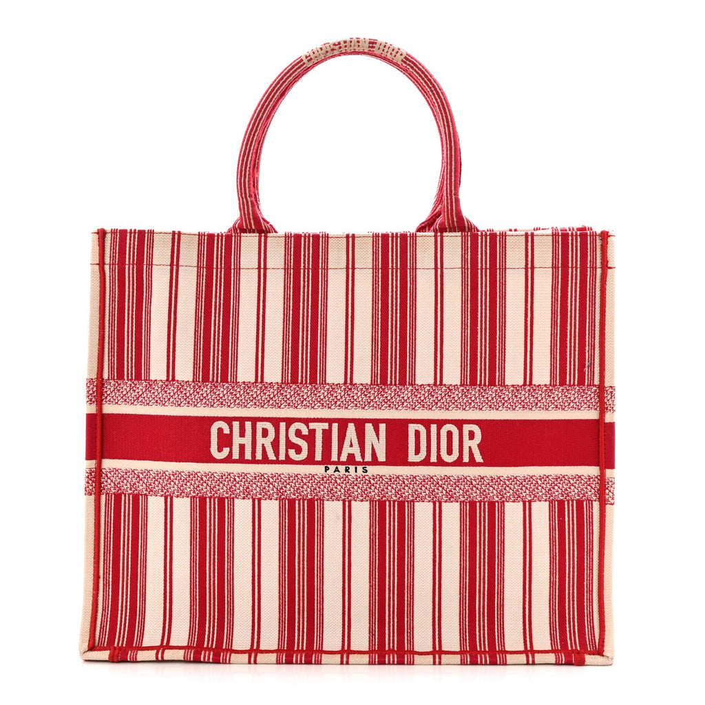 Christian Dior Canvas Embroidered Mykonos Large Striped Book Tote Red