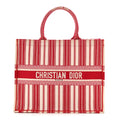 Christian Dior Canvas Embroidered Mykonos Large Striped Book Tote Red