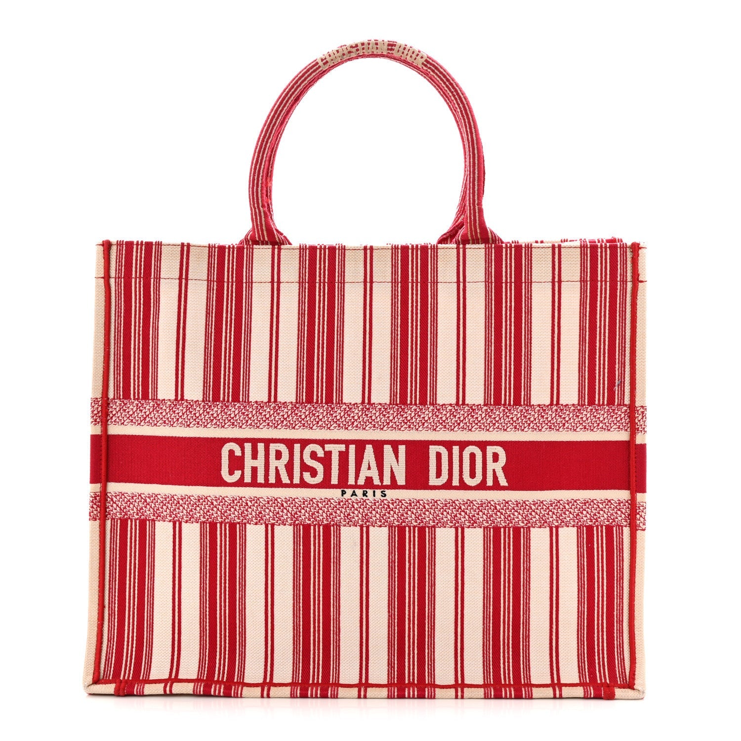 Christian Dior Canvas Embroidered Mykonos Large Striped Book Tote Red