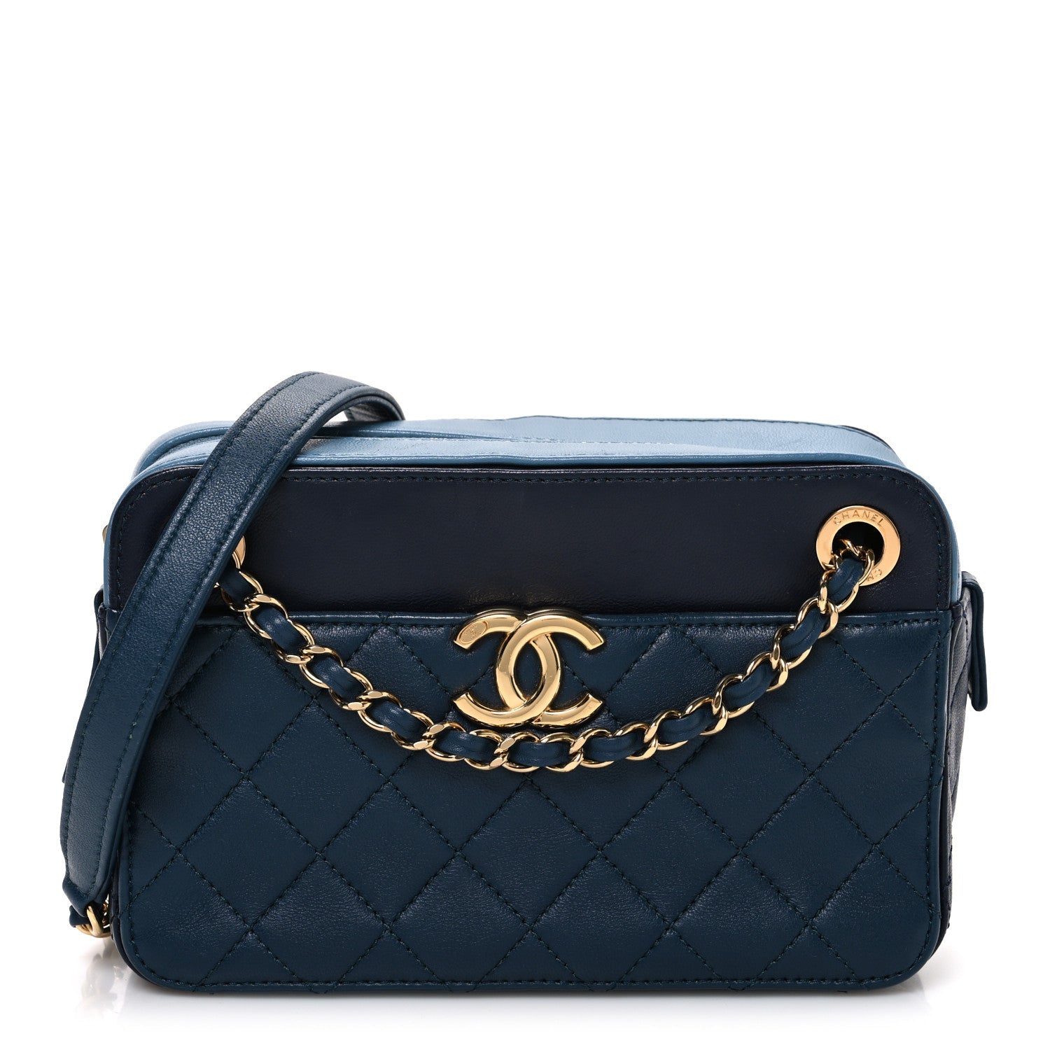 Chanel Lambskin Quilted Small In & Out Camera Case Navy Light Blue