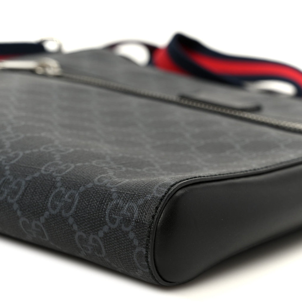 Gucci GG Supreme Monogram Appia Calfskin Web Flat Messenger Bag Black Grey