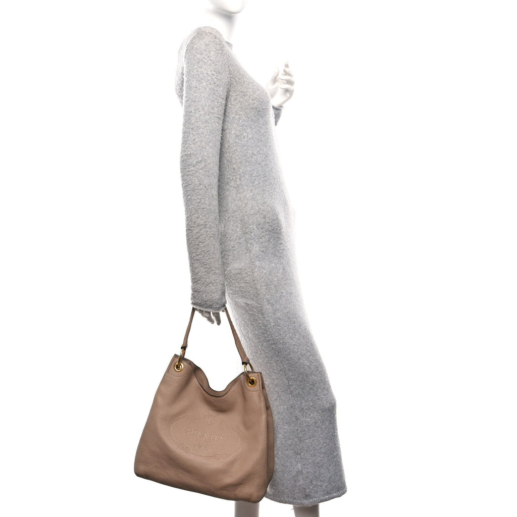 Prada Vitello Phenix Embossed Logo Hobo Caramel