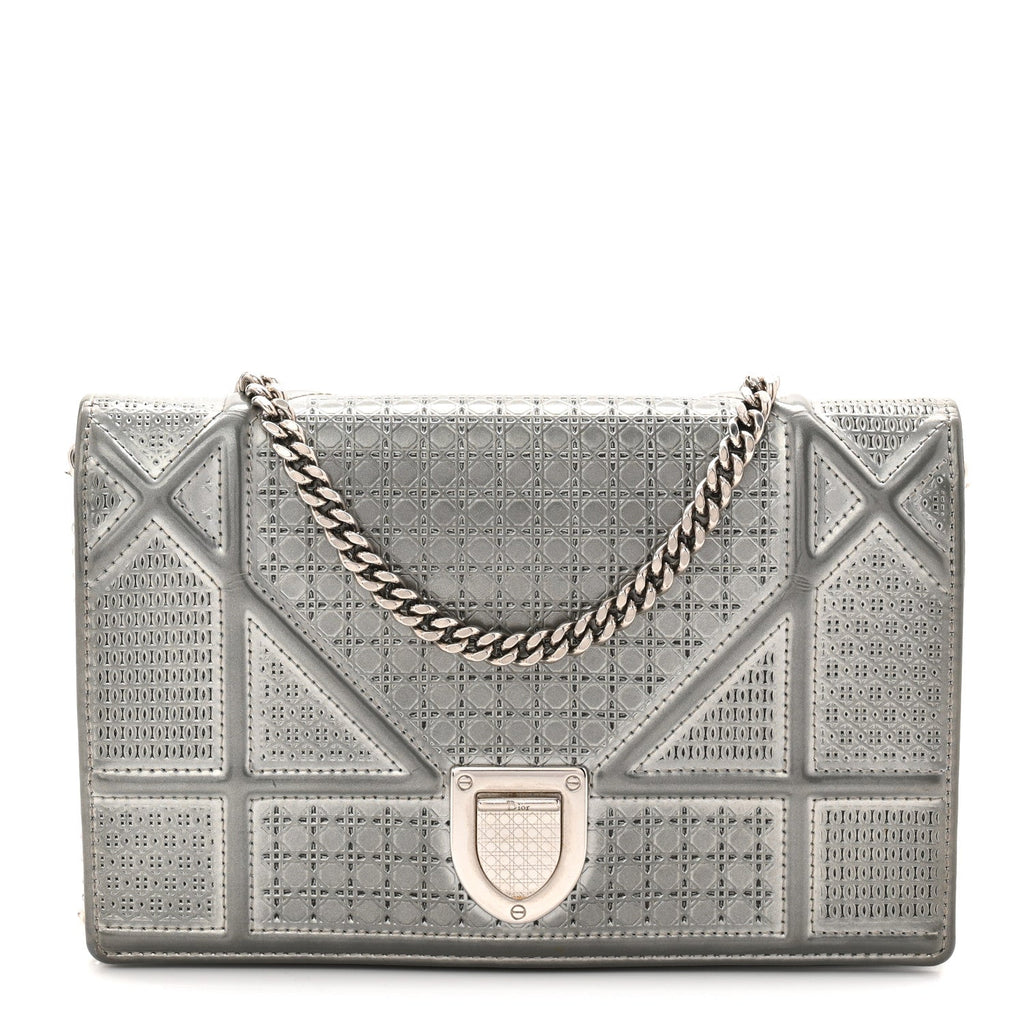 Christian Dior Metallic Patent Micro-Cannage Diorama Wallet on Chain Pouch Silver