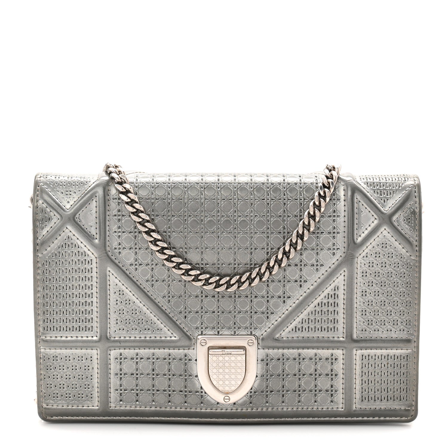 Christian Dior Metallic Patent Micro-Cannage Diorama Wallet on Chain Pouch Silver