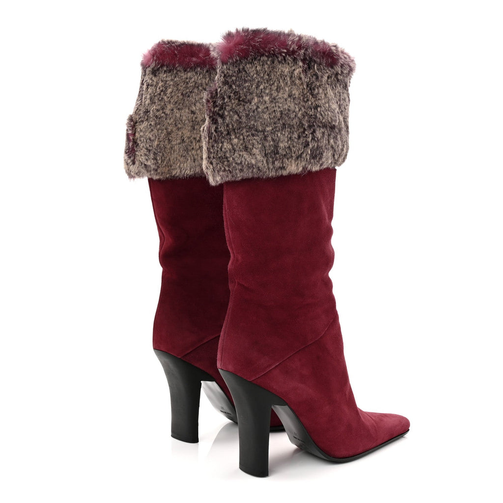 Chanel Suede Fur Fold Over Boots 37 Red