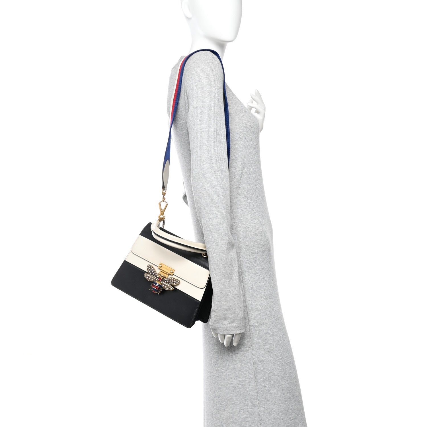 Gucci Calfskin Sylvie Web Small Queen Margaret Top Handle Bag Black White