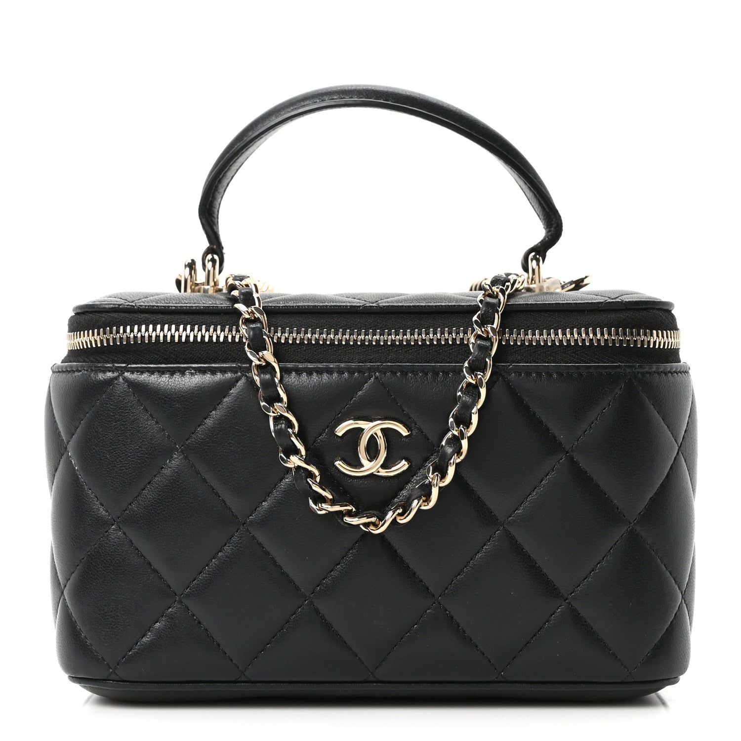 Chanel Lambskin Quilted Small Top Handle Vanity Case With Chain Black