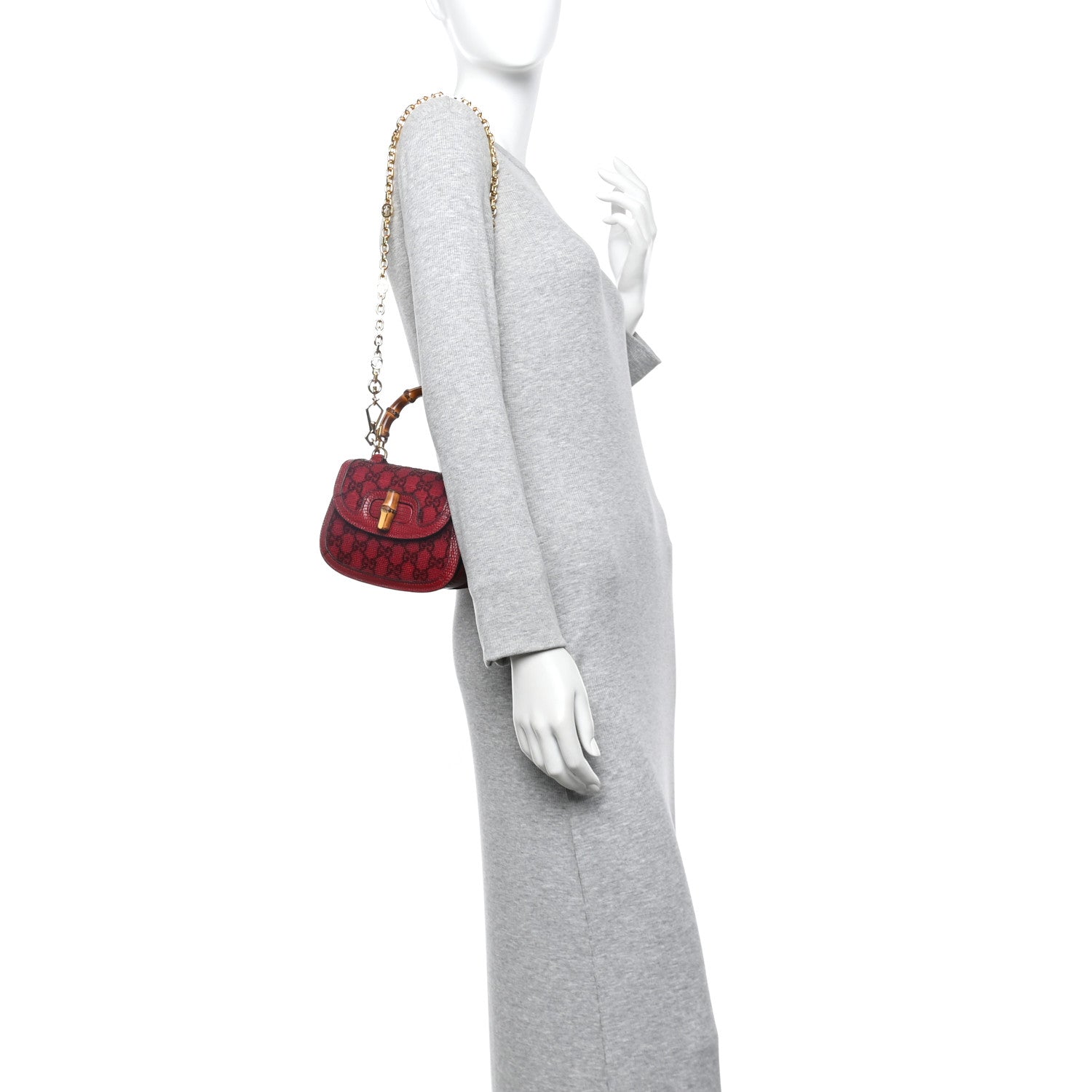 Gucci Moire Fabric Calfskin Rhinestone Monogram Monochrome Lizard Embossed Mini Bamboo 1947 Top Handle Chain Bag Red