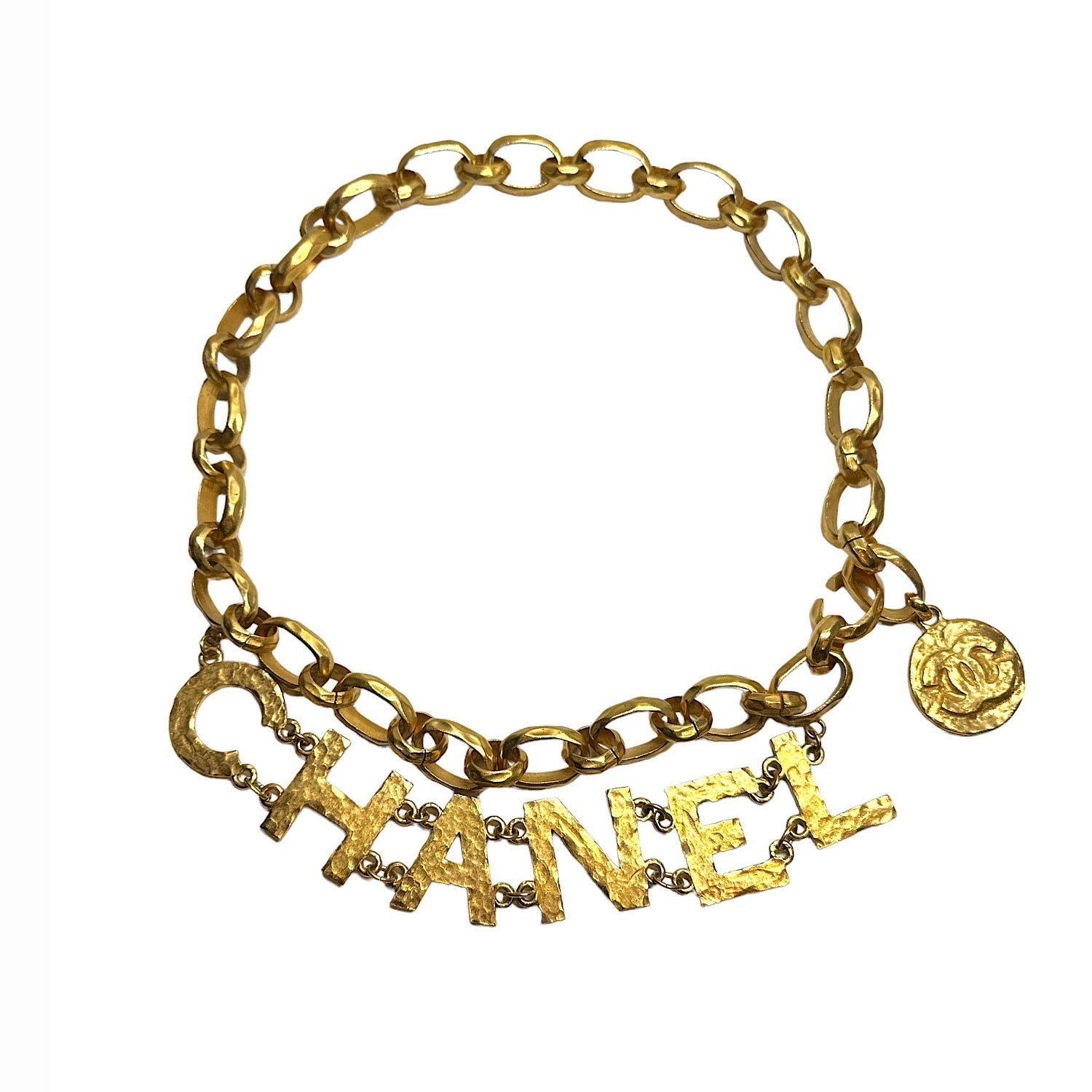 Chanel 1993 Vintage Gold Tone Hammered Metal Chain Letters Belt