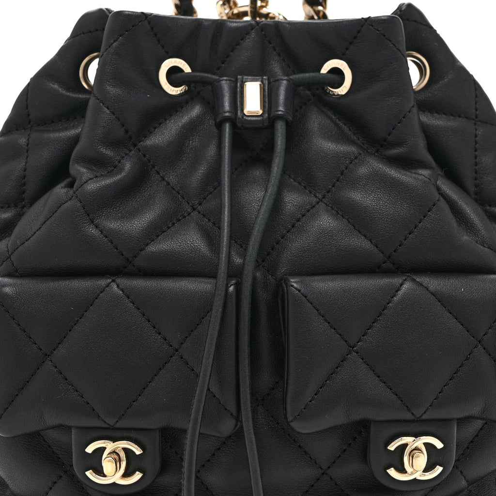 Chanel Lambskin Quilted Double Pocket Drawstring Backpack Black