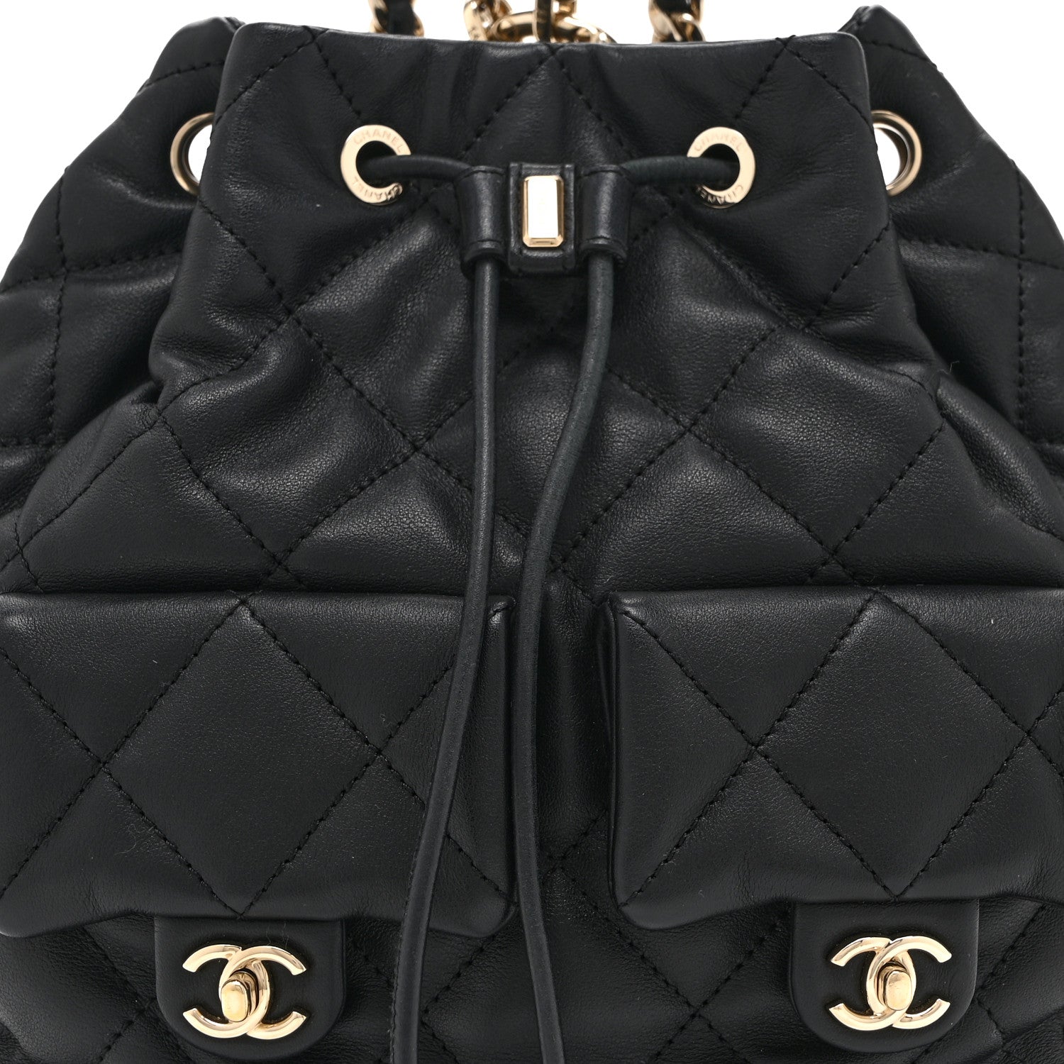 Chanel Lambskin Quilted Double Pocket Drawstring Backpack Black