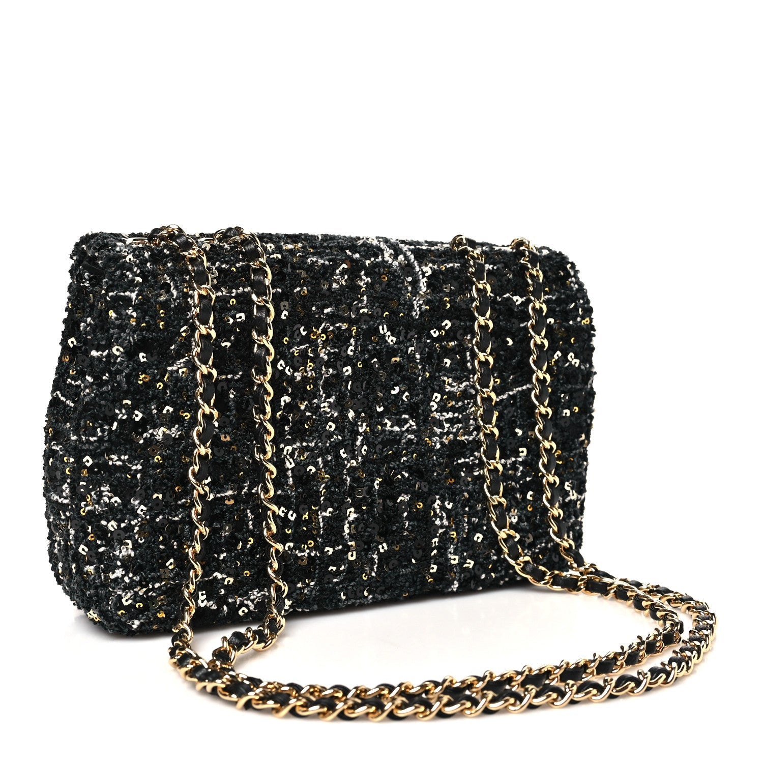 Chanel Tweed Sequin Small Single Flap Black Silvery Golden