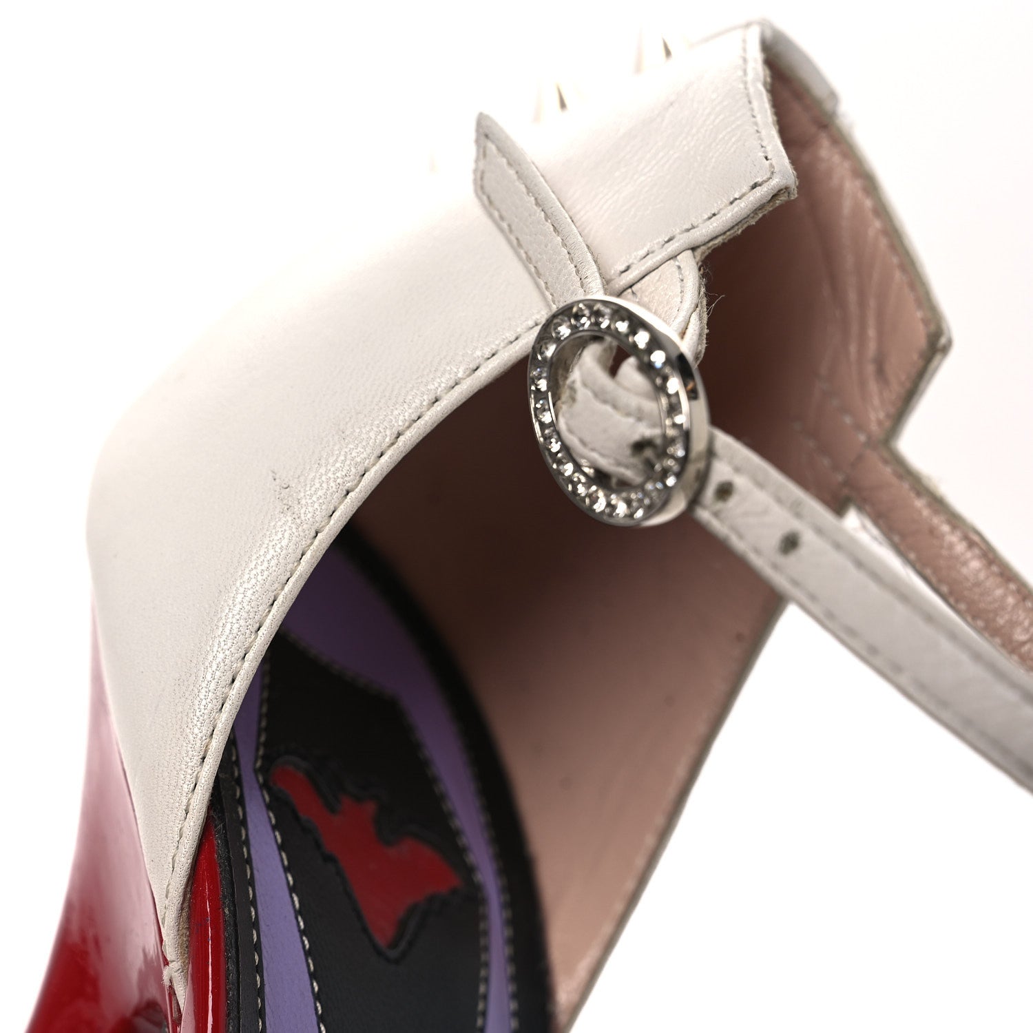 Gucci Calfskin Crystal GG Bow Sadie Spike Ankle Strap d'Orsay High Heel Pumps 35.5 White