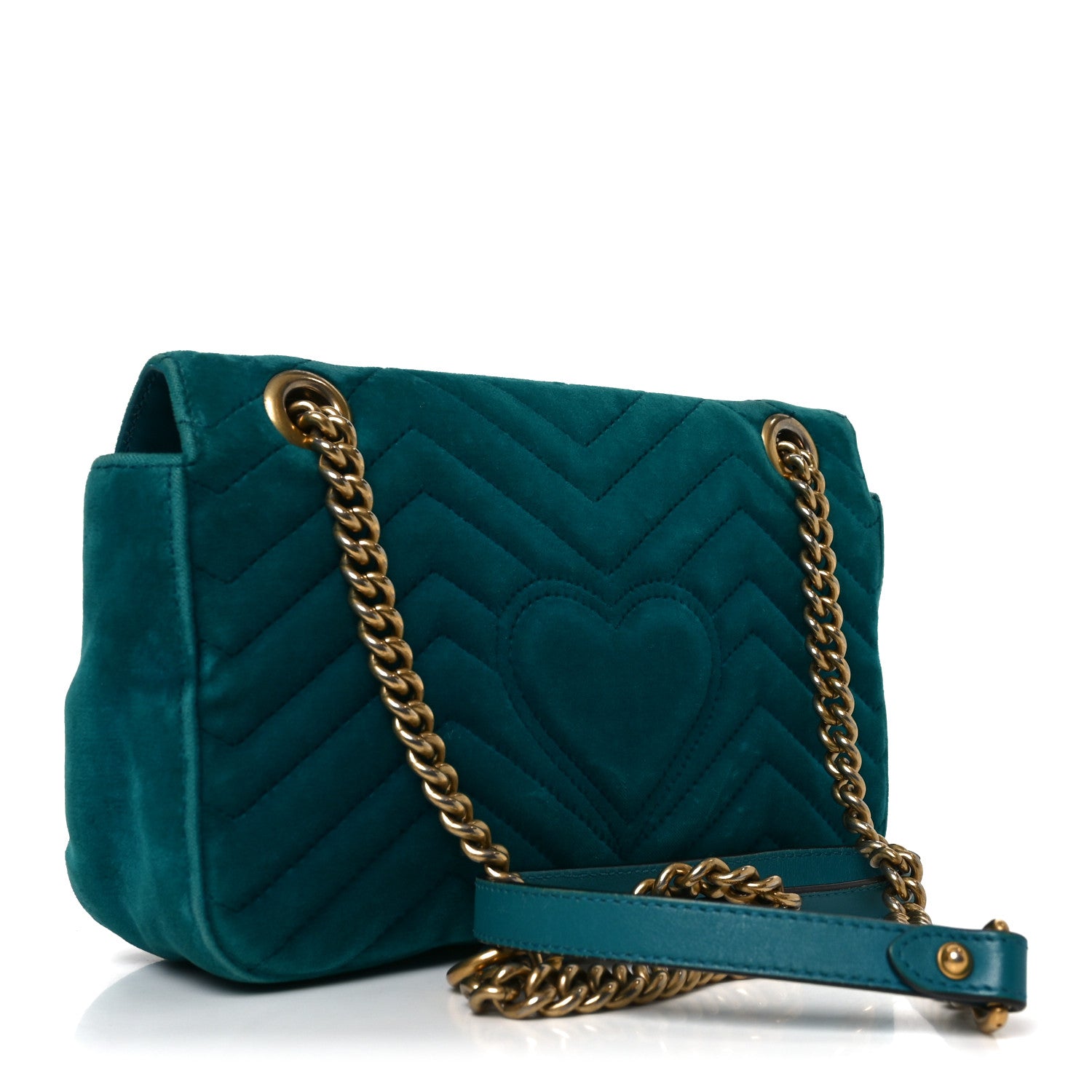 Gucci Velvet Matelasse Small GG Marmont Shoulder Bag Pavone Cyan