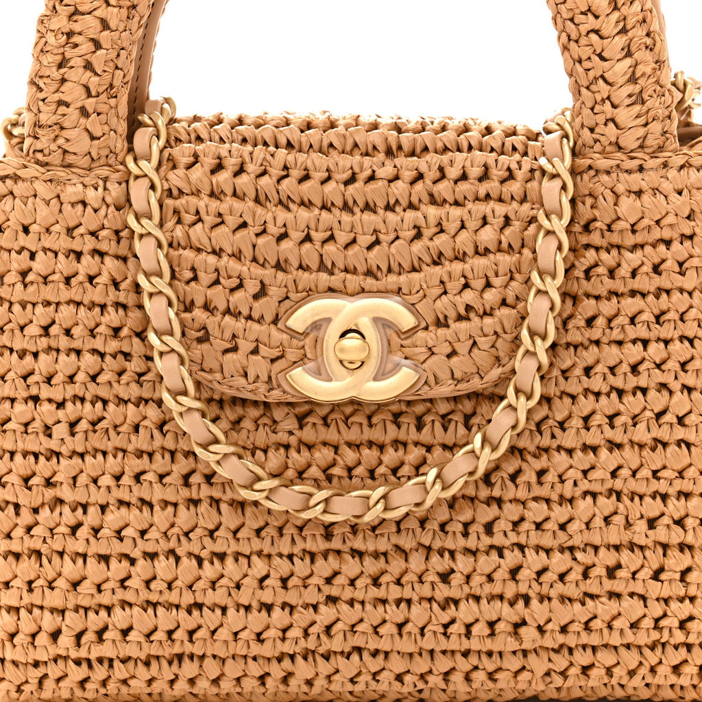 Chanel Braided Raffia Nano Kelly Flap Bag Dark Beige