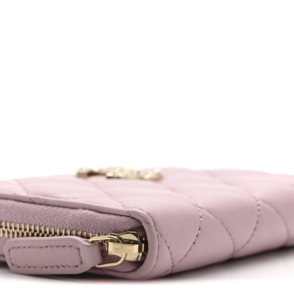 Lambskin Quilted Pearl Crystal CC Zip Around Coin Purse Wallet Pink