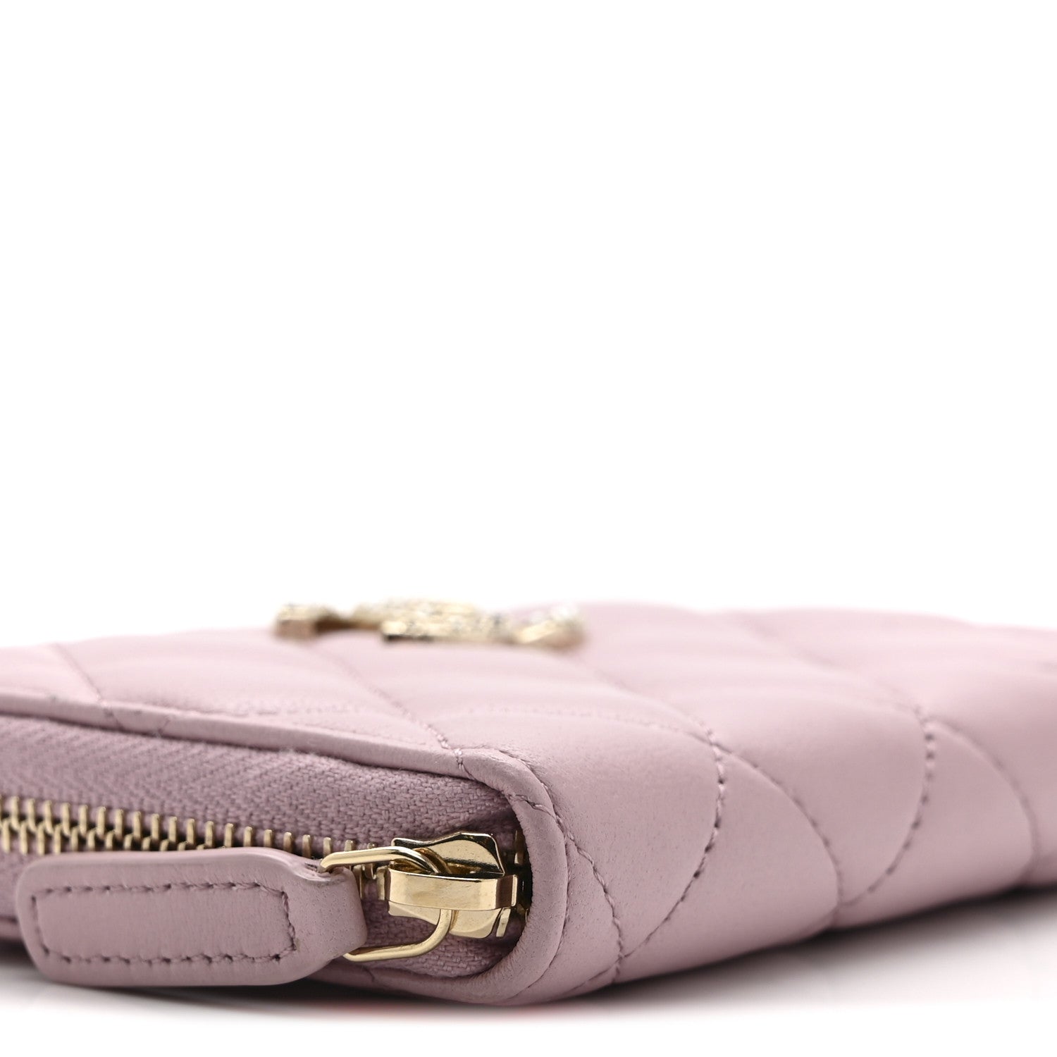 Lambskin Quilted Pearl Crystal CC Zip Around Coin Purse Wallet Pink