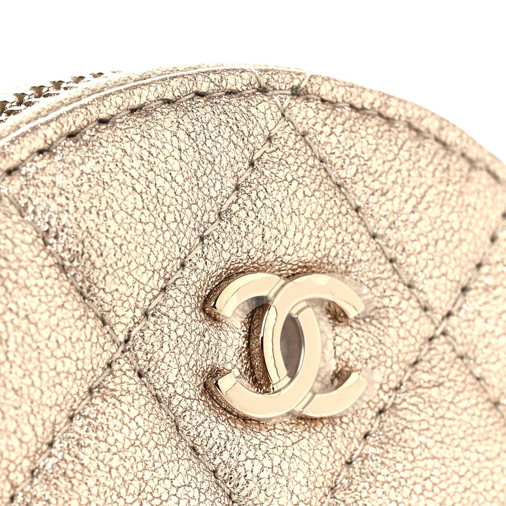 Metallic Lambskin Quilted Round Clip On Coin Purse Airpods Case Gold