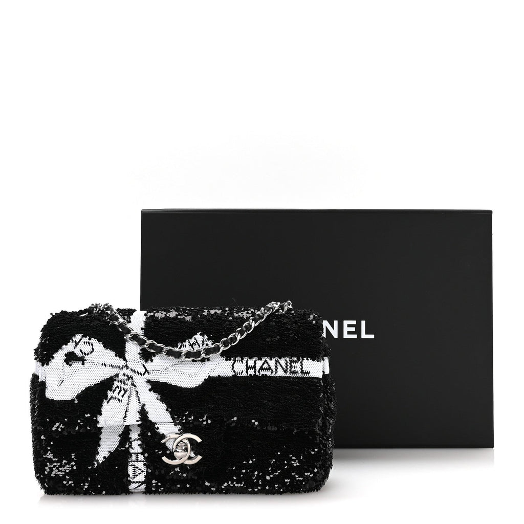 Chanel Sequin Ribbon Small Rectangular Flap Black White