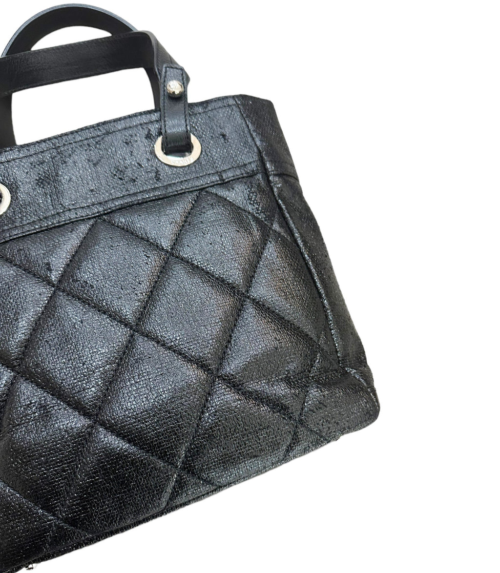CHANEL Paris Biarritz Tote Black Coated Canvas Leather Small Tote Bag Black